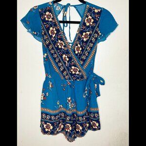 XHILARATION Blue Turquoise Bohemian Floral Romper Tie-Waist w Pockets! size XS